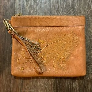 Brown clutch with feather detail